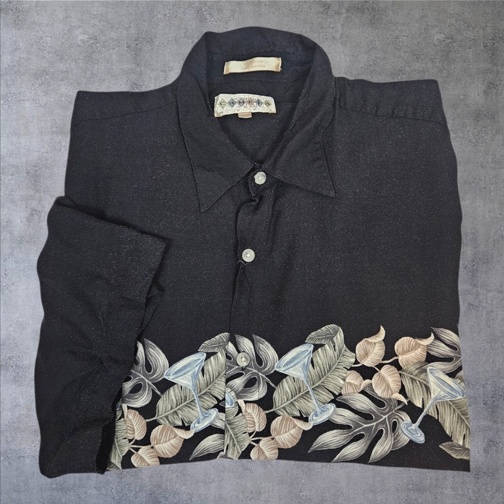 Vintage 80s Campia Moda Black Rayon Martini Glass Tropical Hawaiian Shirt XL D23